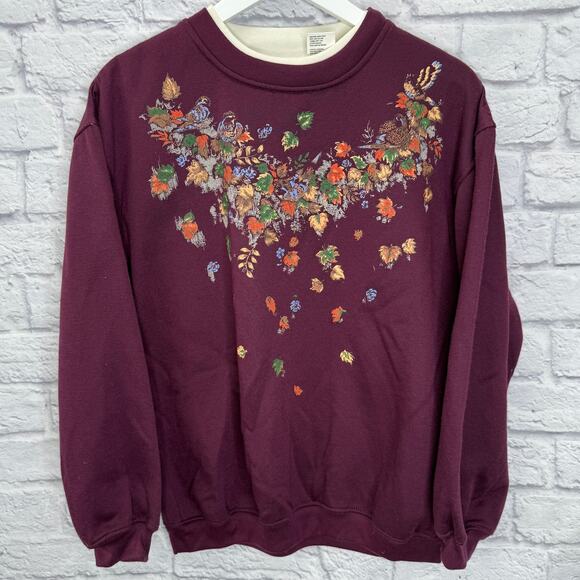 Vintage Basic Editions Womens Crewneck Sweatshirt Size M Purple Leaves - Picture 1 of 4
